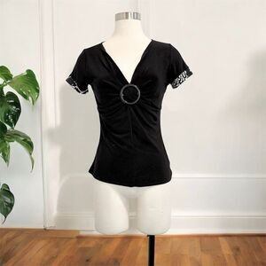 Volume One Y2K Black Ruched Ring Cap Sleeve Peasant Empire Top Blouse M